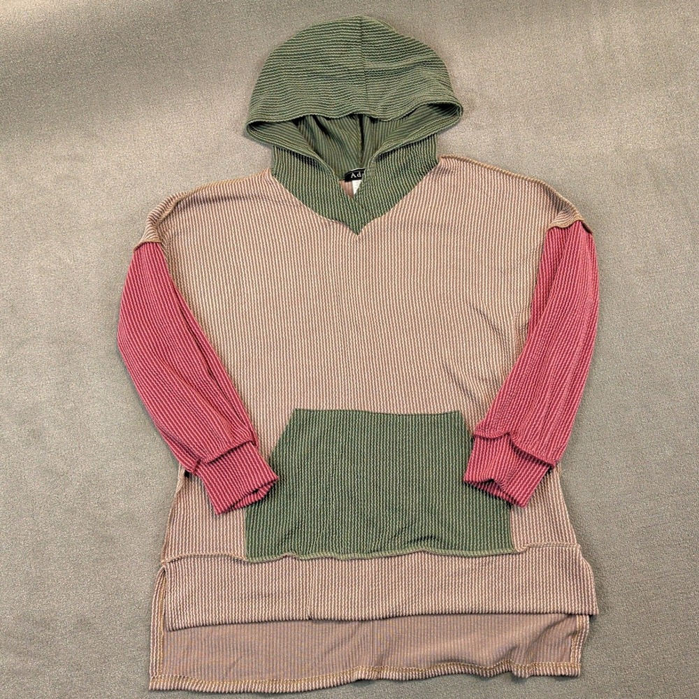 Adara Waffle Knit Hoodie Women Medium Colorblock Tunic Mauve Green Pink USA Made